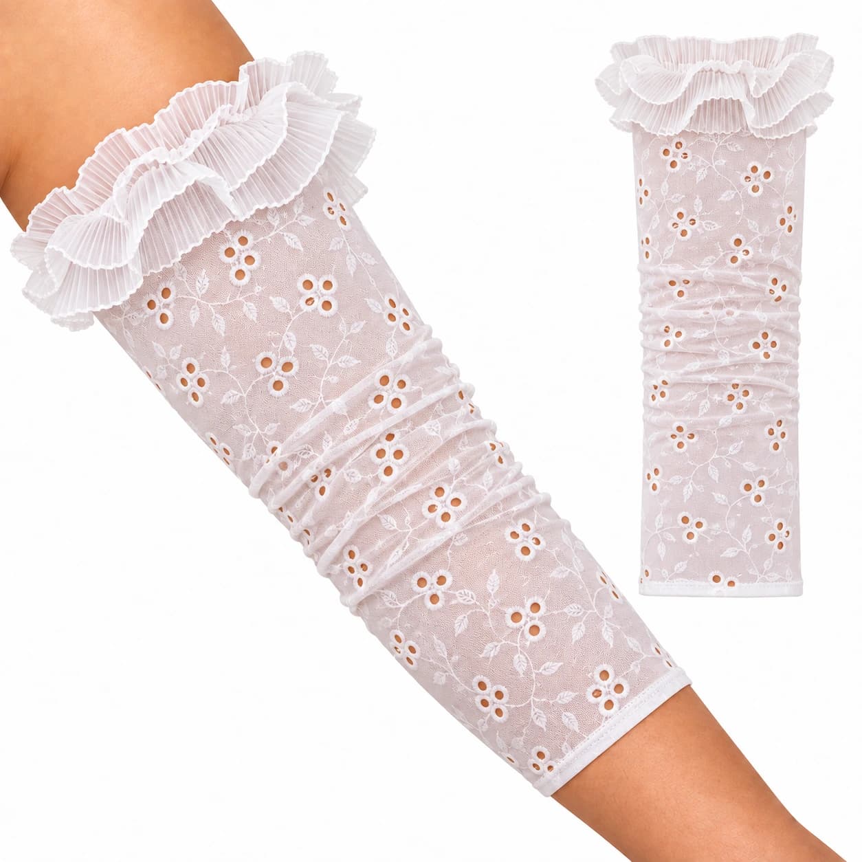 White sheer floral ruffle arm cover shown on an arm and separately on a white background