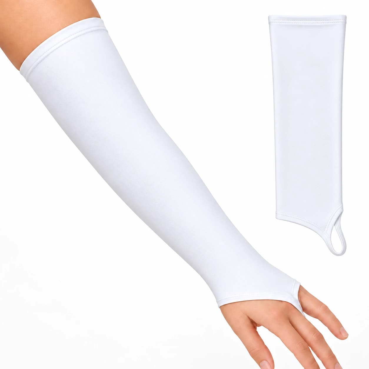 White full-length PICC sleeve with thumbhole on a white background