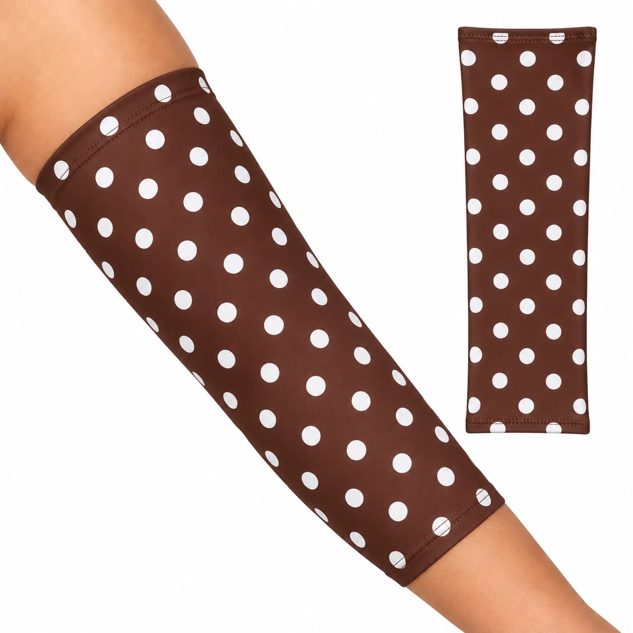 Brown PICC line cover with white polka dots, worn on the upper arm