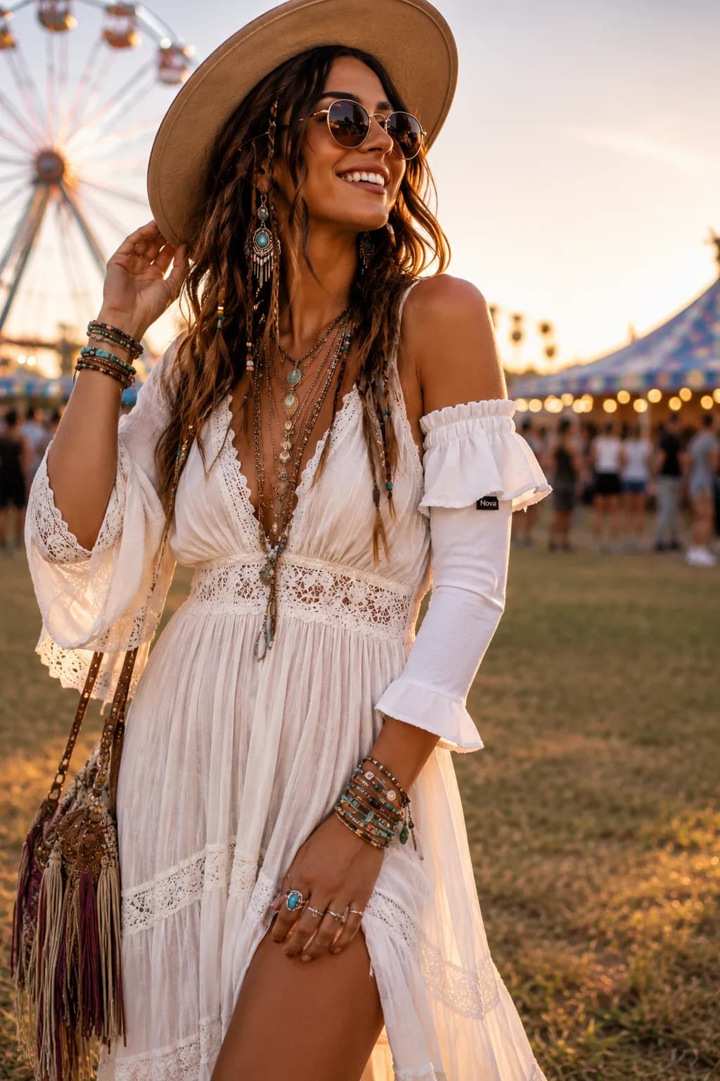 Festival outfit with an off-the-shoulder dress and statement PICC line cover